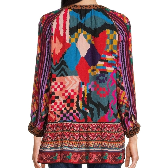 John Mark Geometric Floral Print Embroidered Front Split V-Neck Ruffle H… - Picture 2 of 3